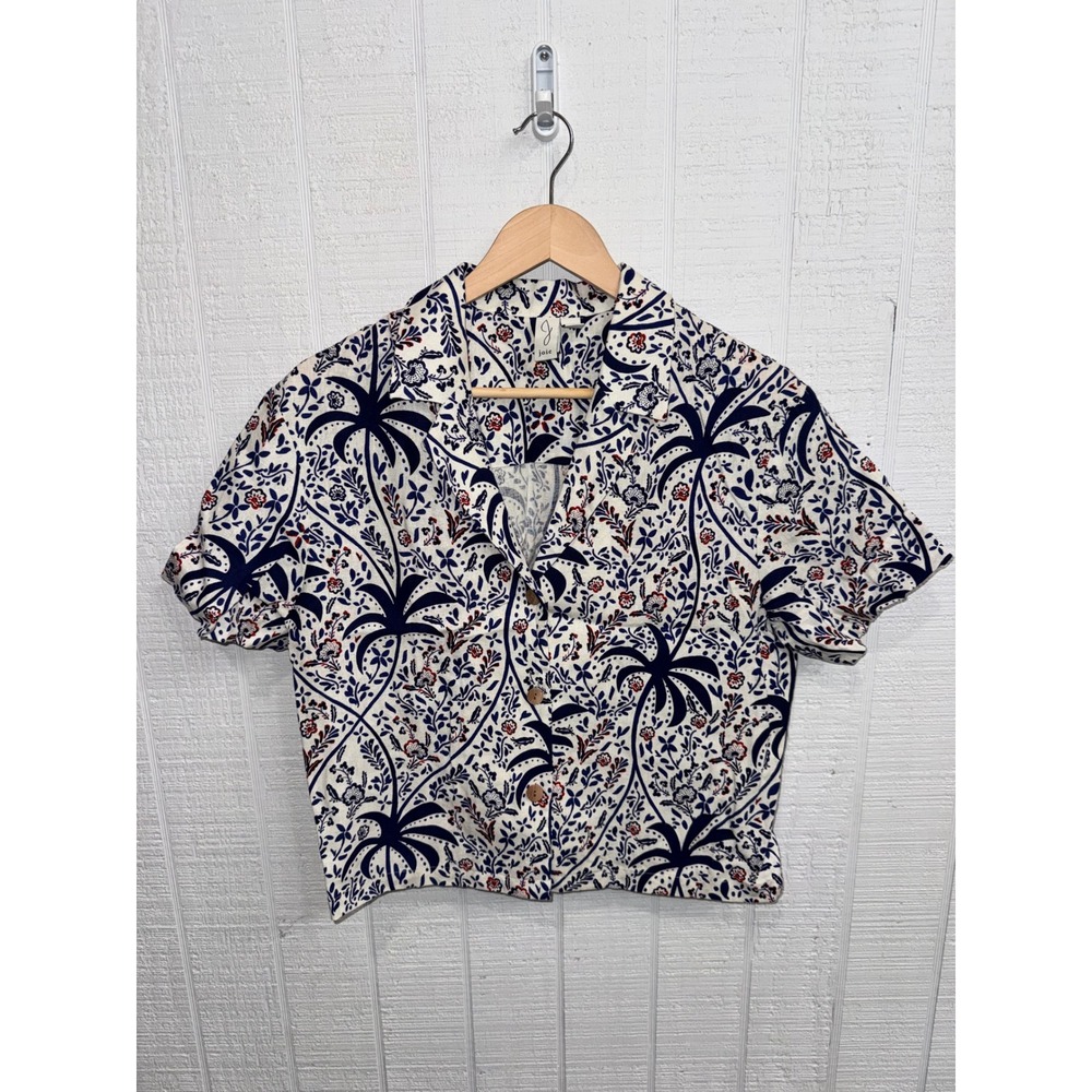 Joie Button Down Shirt Women White Navy Red Tropical Palm Linen Cropped Medium